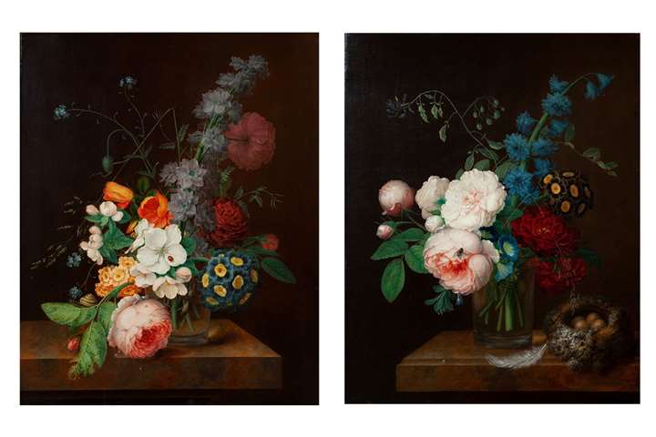Still lifes depicting roses, auriculae, morning glory and other flowers in a glass vase on a marble ledge - a pair